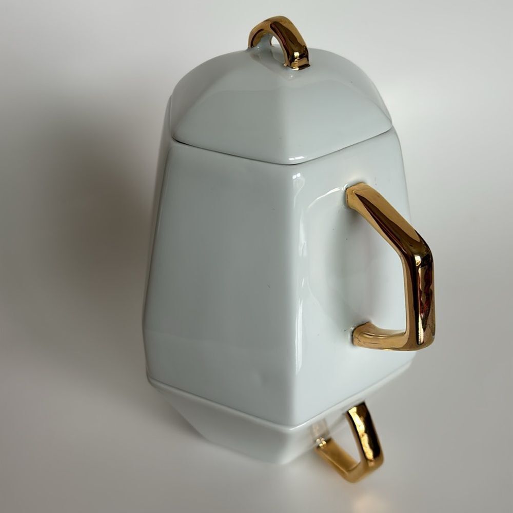 CB2 White Hexagonal Stacking Teapot Cup Gold Trim Tea For One - Picture 5 of 11